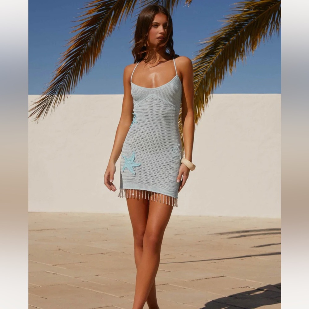 Peppermayo Light Blue Crochet Mini Dress with Starfish Appliqués